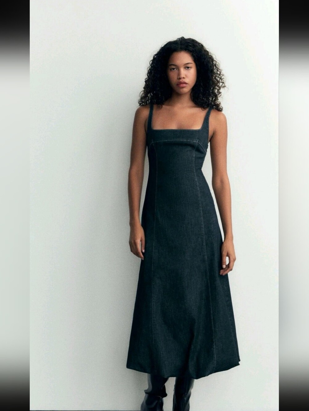ZARA Dark Wash Denim Midi Bubble Dress Square Neck XS Extra Small Nwot